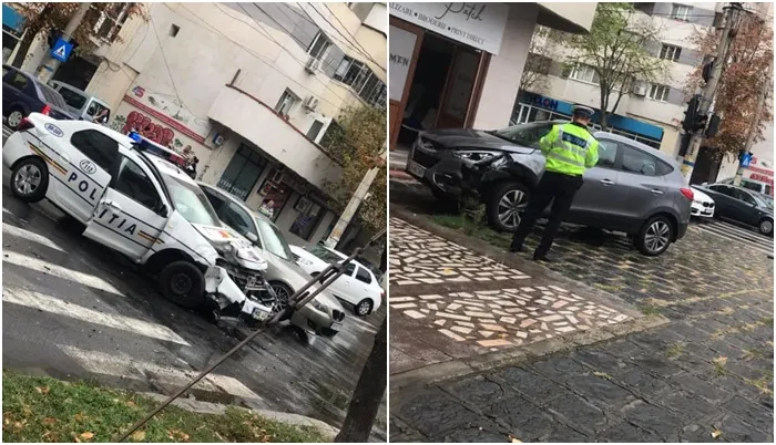 Mașină a Poliției, tamponată în timpul unei intervenții