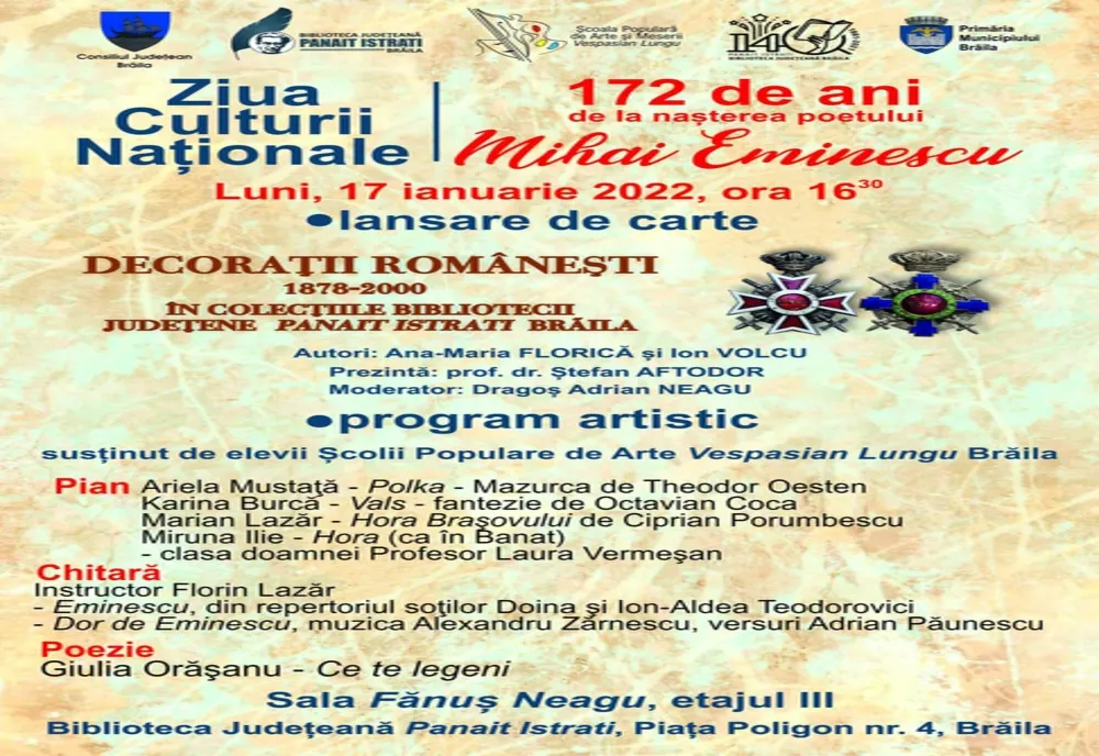 "Ziua Culturii Naționale" organizată de Biblioteca Județeană "Panait Istrati" Brăila în colaborare cu Școala Populară de Arte și Meserii "Vespasian Lungu"