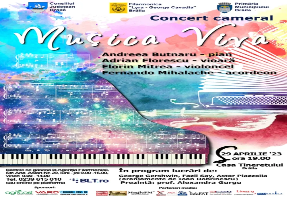 Concert cameral organizat de Filarmonica "Lyra - George Cavadia" Brăila, sâmbătă, 29 aprilie, de la ora 19