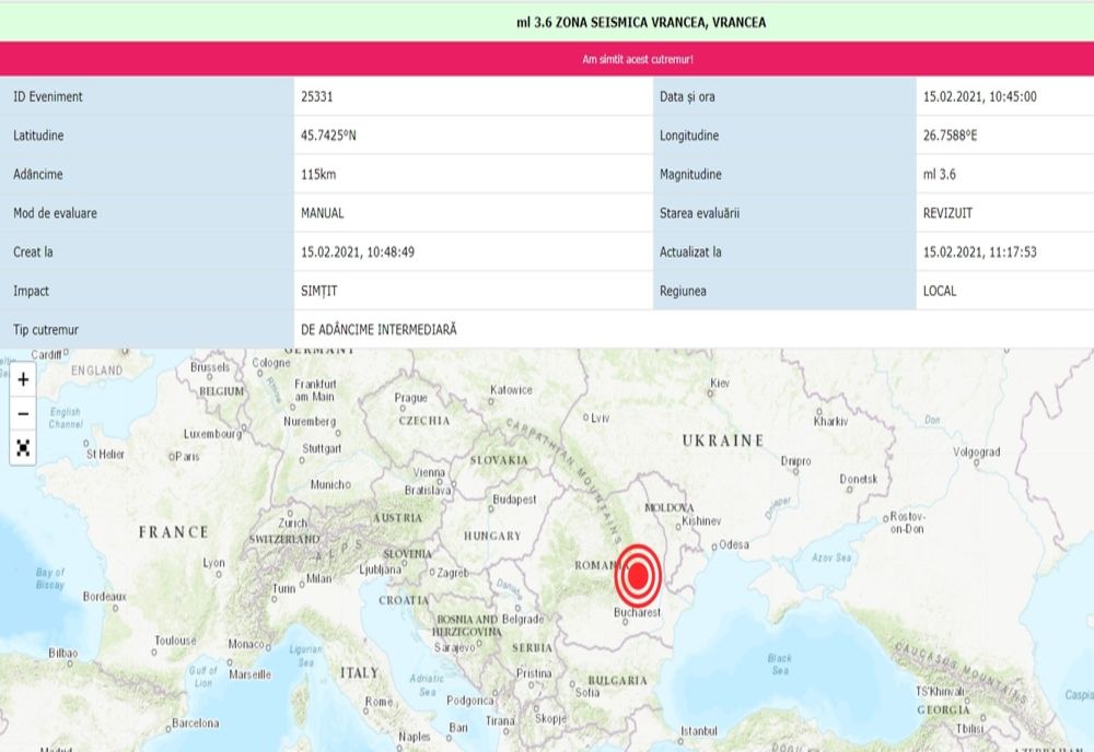 Un cutremur cu magnitudinea de 3,6 pe scara Richter a avut loc luni, la ora locală 10:45