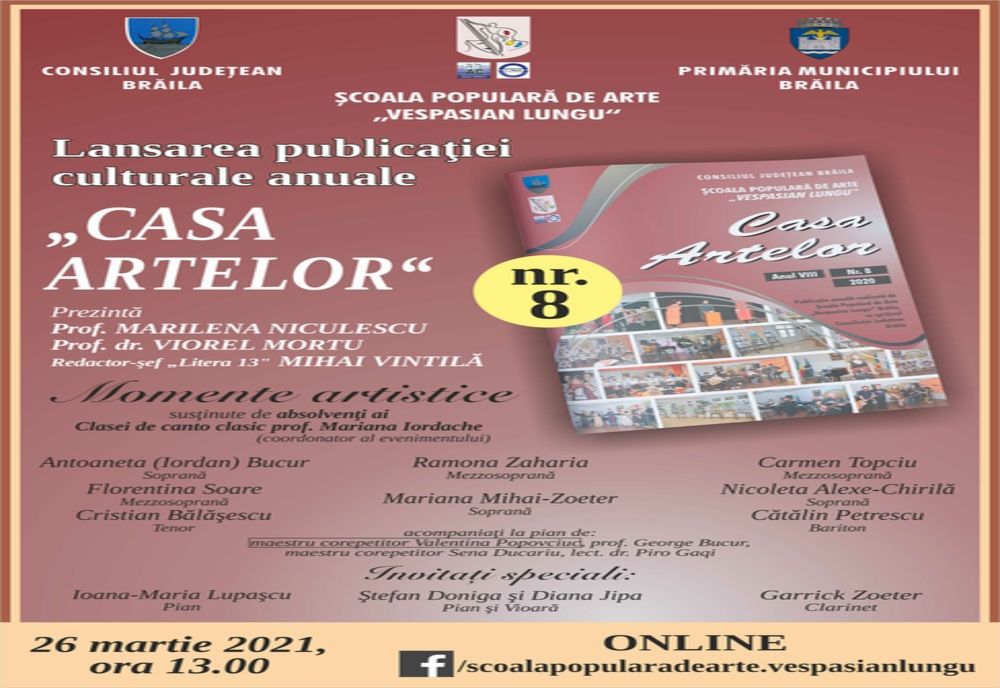 Școala Populară de Arte ”Vespasian Lungu” lansează numărul 8 al publcației ”Casa Artelor”