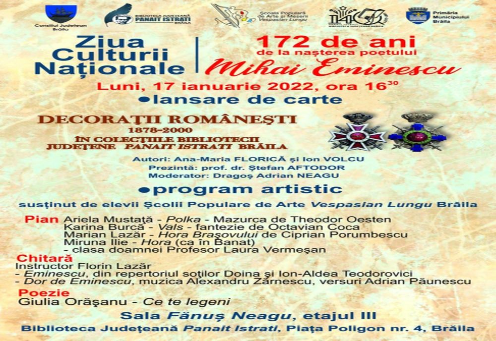 "Ziua Culturii Naționale" organizată de Biblioteca Județeană "Panait Istrati" Brăila în colaborare cu Școala Populară de Arte și Meserii "Vespasian Lungu"