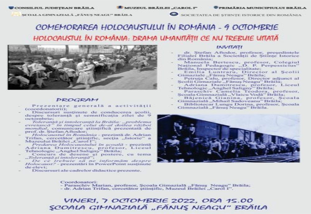 Comemorarea Holocaustului - 9 octombrie. Manifestare organizată de Muzeul Brăilei ”Carol I” în sala de festivități a Școlii Gimnaziale „Fănuș Neagu”