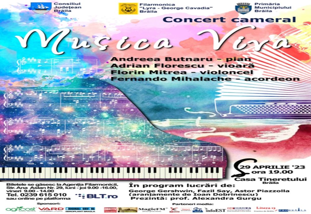 Concert cameral organizat de Filarmonica "Lyra - George Cavadia" Brăila, sâmbătă, 29 aprilie, de la ora 19