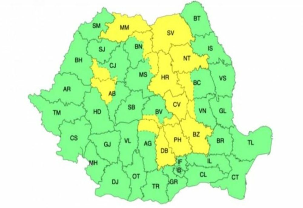 COD GALBEN DE AVERSE ȘI VIJELII, EMIS DE ANM ÎN ZONE DIN 16 JUDEȚE