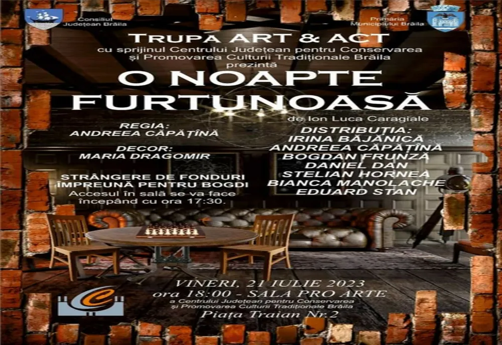 Piesa de teatru O noapte furtunoasă, de I.L Caragiale, pusă în scenă de tinerii voluntari ai CJCPCT Brăila- membrii proiectului de suflet Art&Act