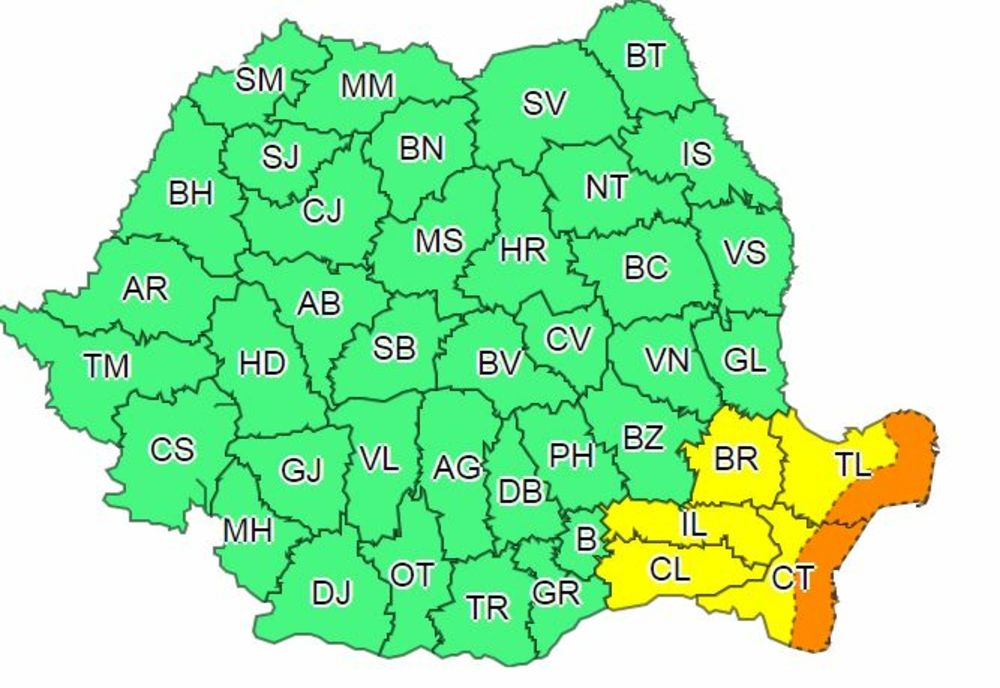Cod Galben de PLOI și VÂNT în județele Ialomița, Călărași și Brăila