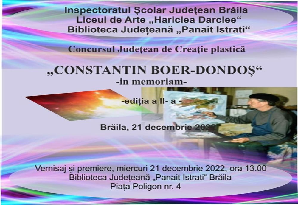 Miercuri, 21 decembrie, ora 13.00, va avea loc premierea câștigătorilor Concursului Județean de creație plastică „Constantin Boer Dondoș”
