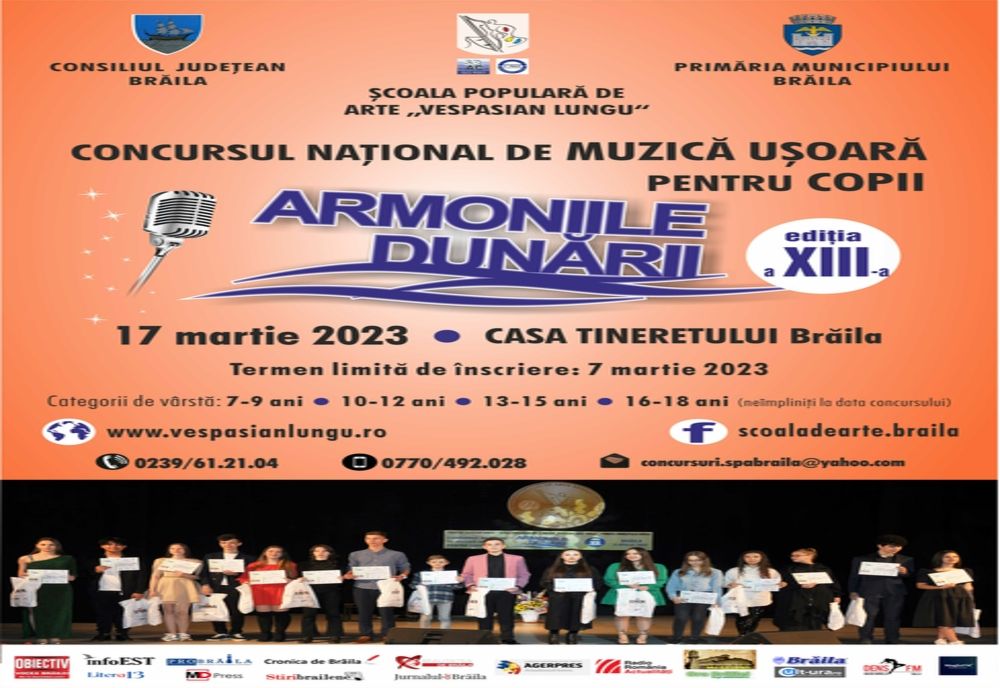 Până pe 7 martie 2023 se fac înscrieri la Concursul naţional de muzică uşoară pentru copii “ARMONIILE DUNĂRII” Brăila, ajuns la ediţia a XIII-a