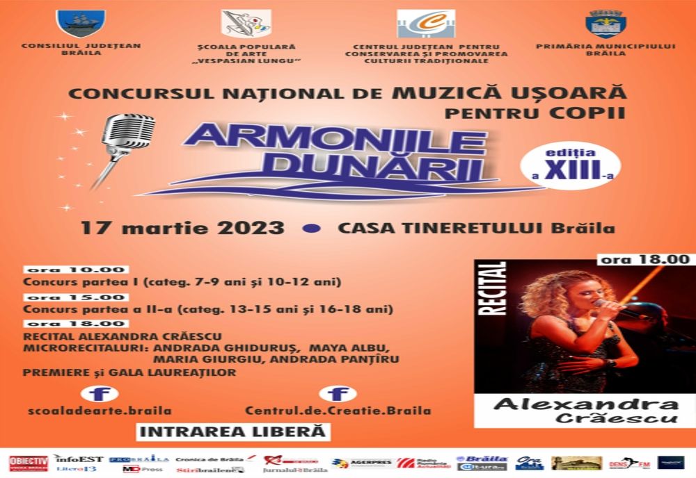 Zaci de tineri interpreți vor participa vineri, 17 martie, la Concursului naţional de muzică uşoară pentru copii „ARMONIILE DUNĂRII” Brăila