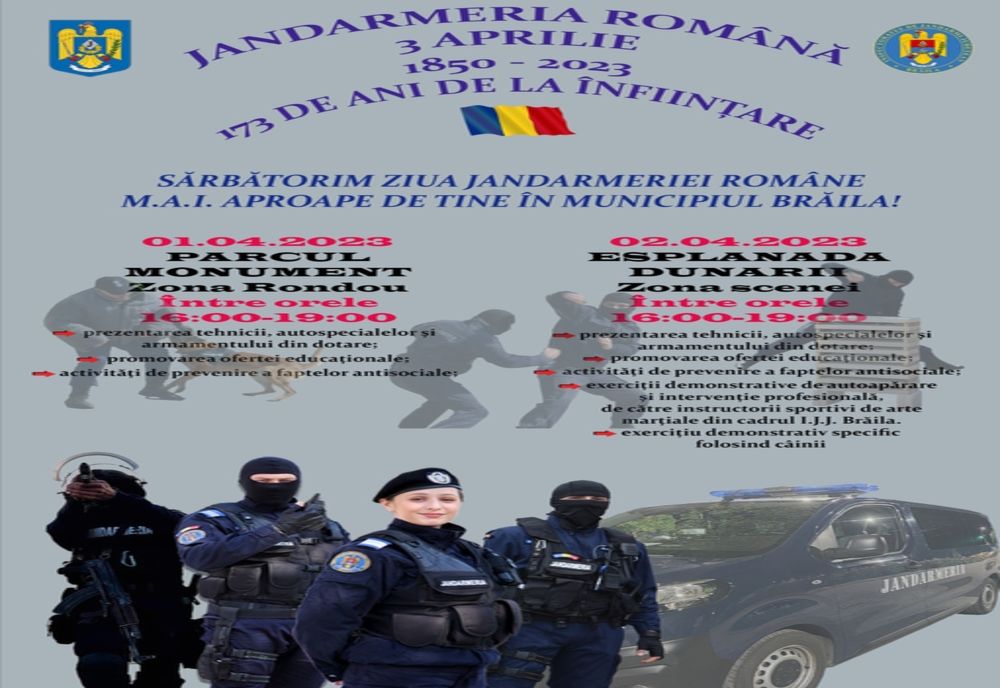 Jandarmeria, la ceas aniversar. Activități desfășurate de IJJ Brăila în perioada 28 martie - 2 aprilie