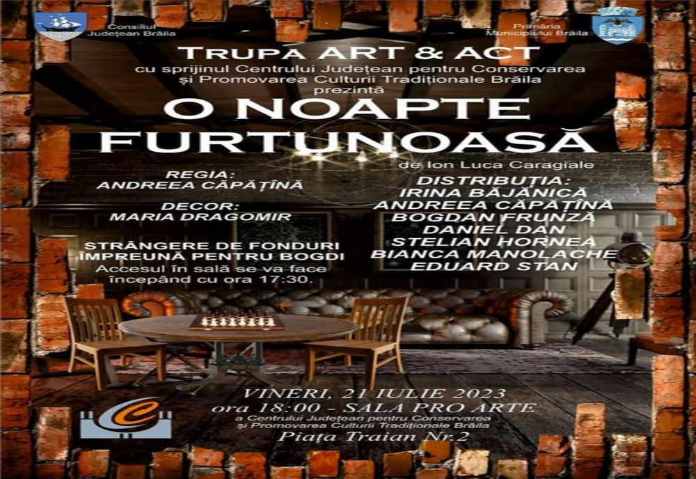 Piesa de teatru O noapte furtunoasă, de I.L Caragiale, pusă în scenă de tinerii voluntari ai CJCPCT Brăila- membrii proiectului de suflet Art&Act